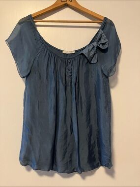 Vintage Scoop Neck Short Sleeve Blouse with Shoulder Bow 100 Silk Made in Italy